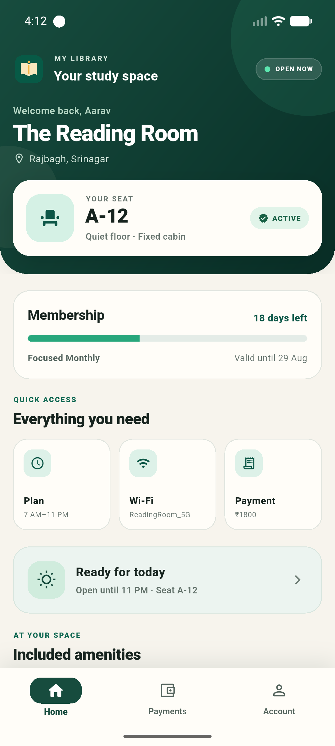 Libri member home showing an active study-library membership, assigned seat, plan, Wi-Fi and payment access.