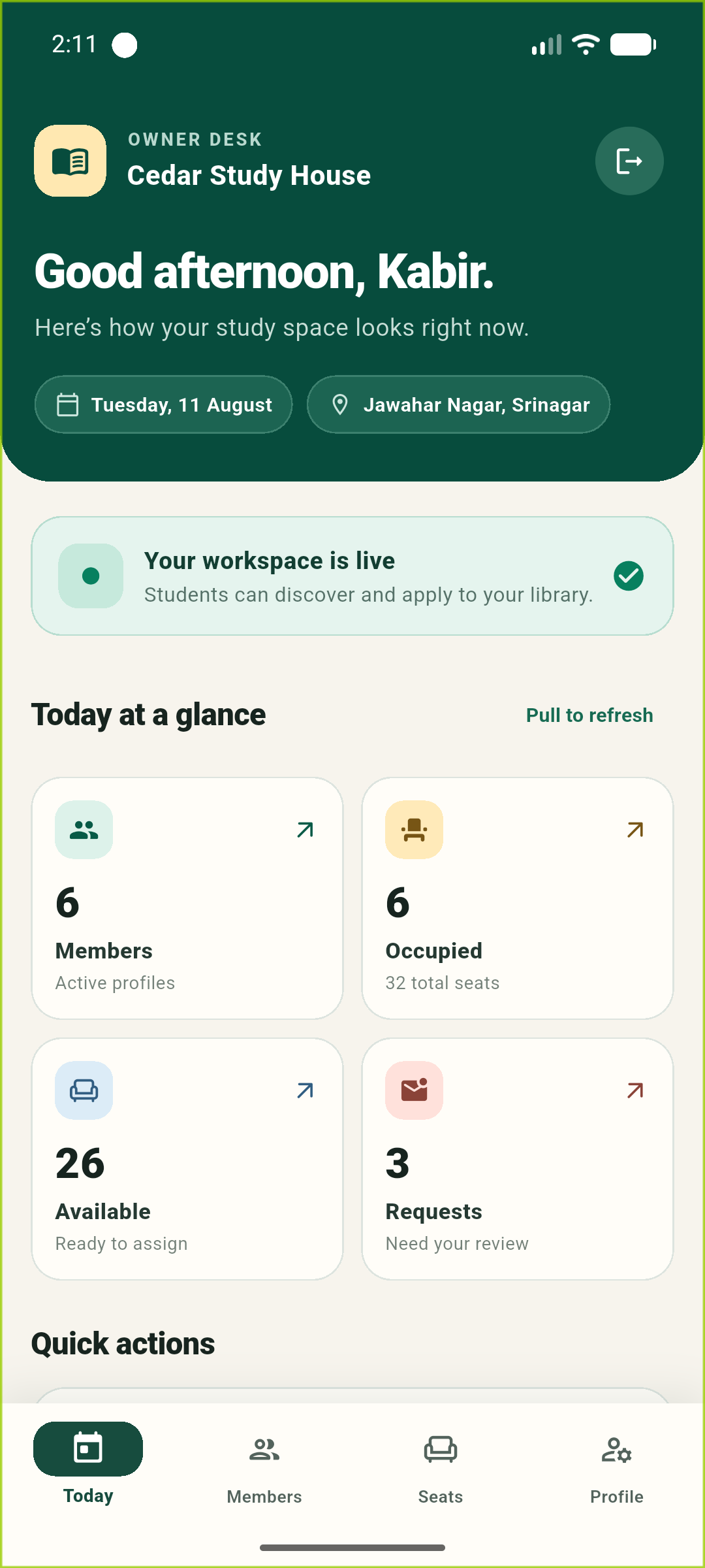Libri owner dashboard showing members, occupied seats, available seats and joining requests.