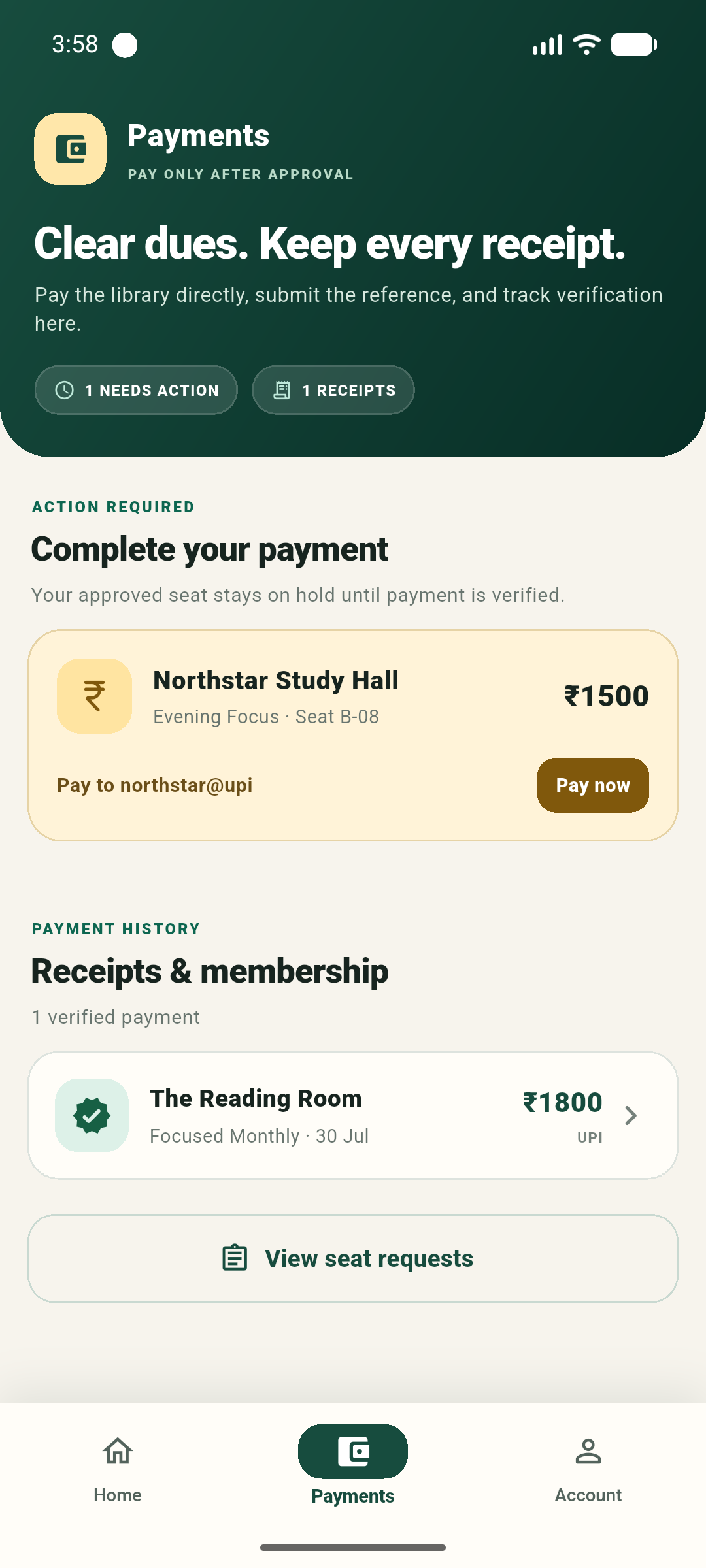 Libri payments screen showing an approved payment due, library UPI destination and verified receipt history.