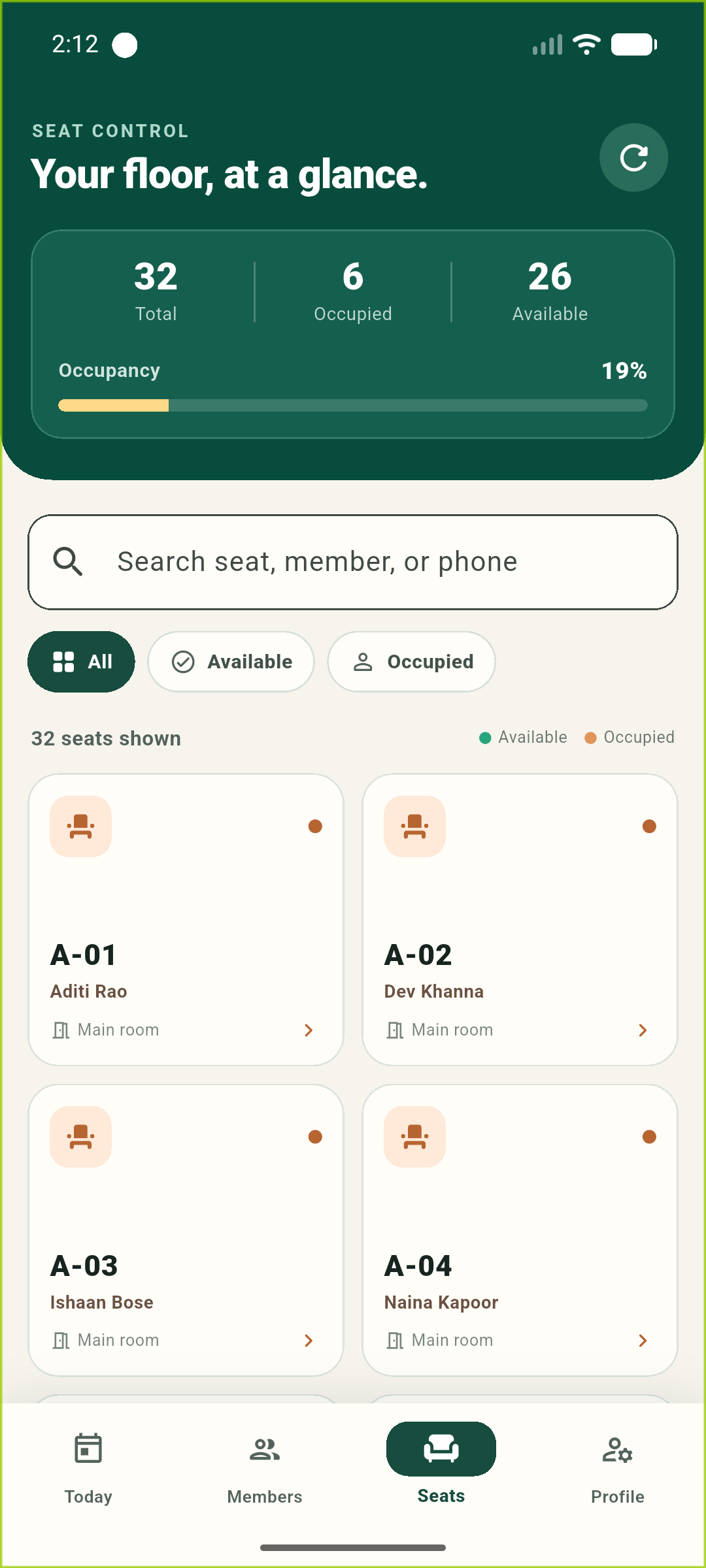 Libri seat-control screen showing library occupancy and member assignments on a visual seat grid.